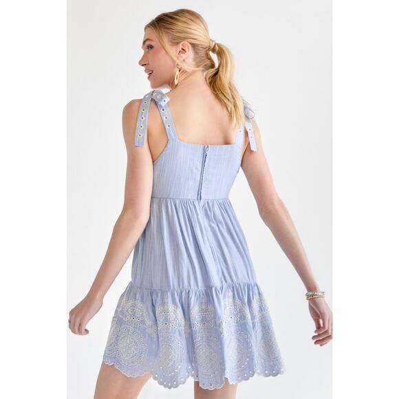 Francescas Mi Ami Dawn Embroidered Mini Swing Dress XL Boho Ruffle Tie Straps - Picture 4 of 10